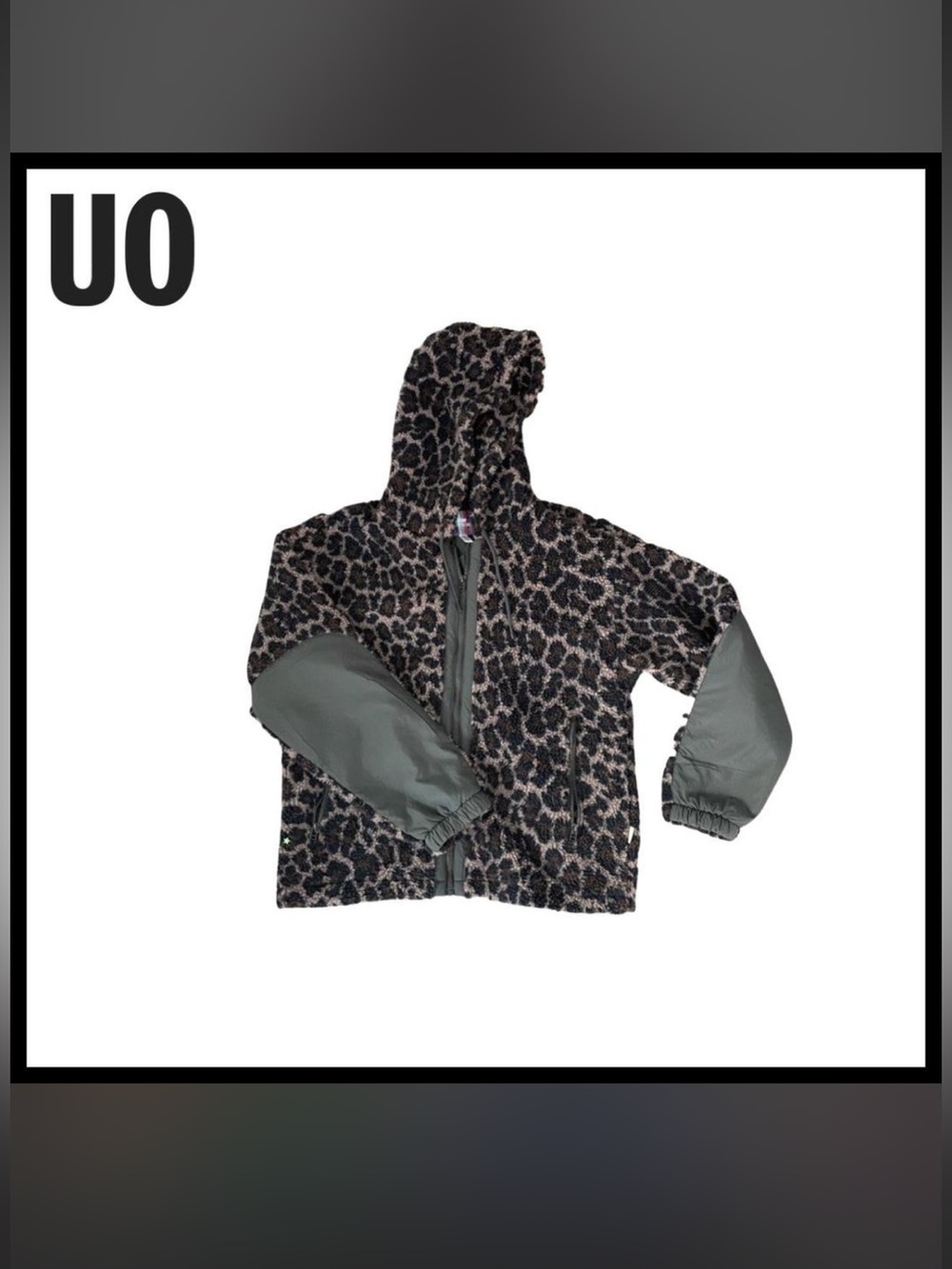 UO Leopard Print Fleece Hooded Mock Neck Jacket with Olive Sleeves